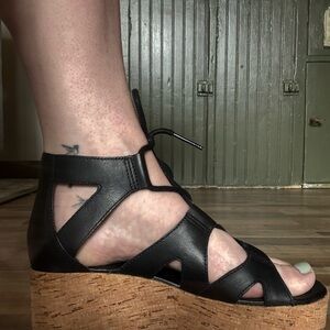 Sorel Black Leather Wedge Sandals